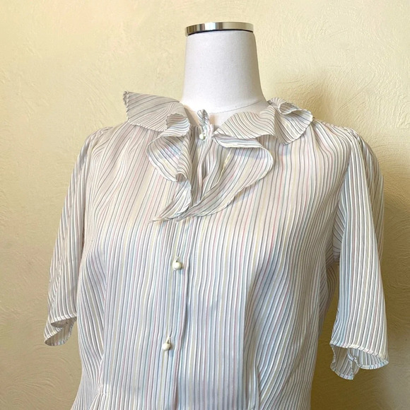 Vintage 80’s Silky Structured Candy Pinstriped Button Up Blouse, Small - Picture 3 of 6